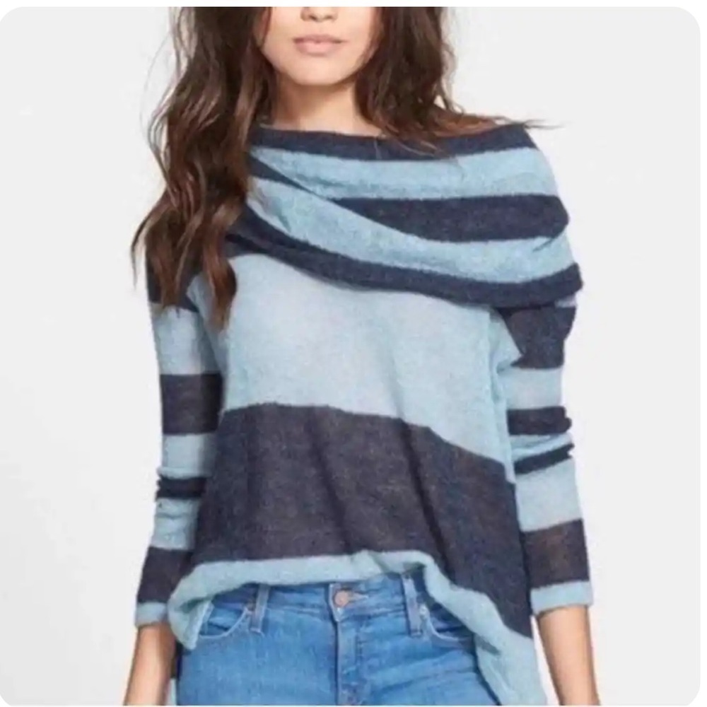 Free People Lulu Rugby Blue Striped Alpaca Cowl Neck Sweater